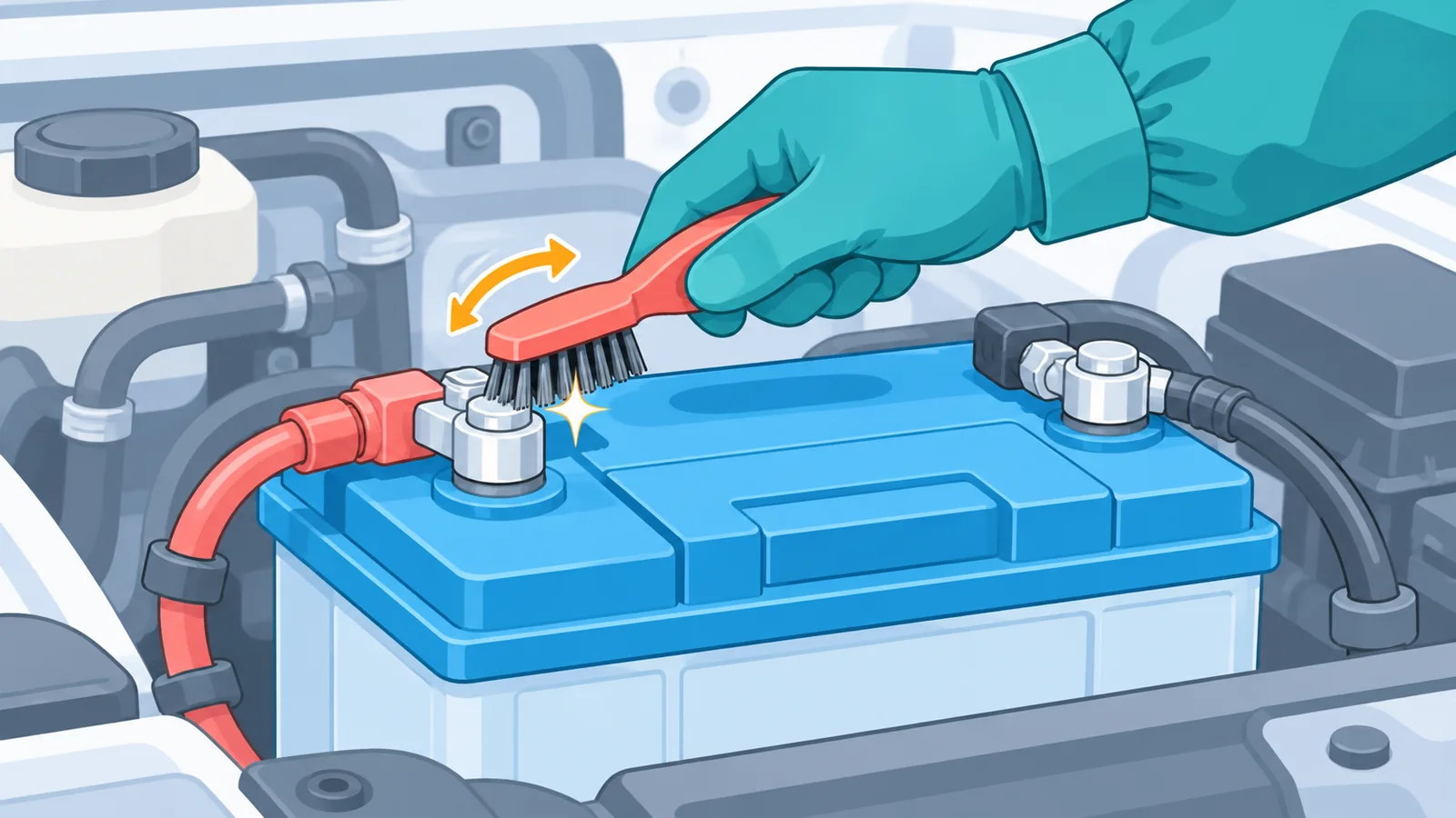 Cleaning a battery terminal with a wire brush