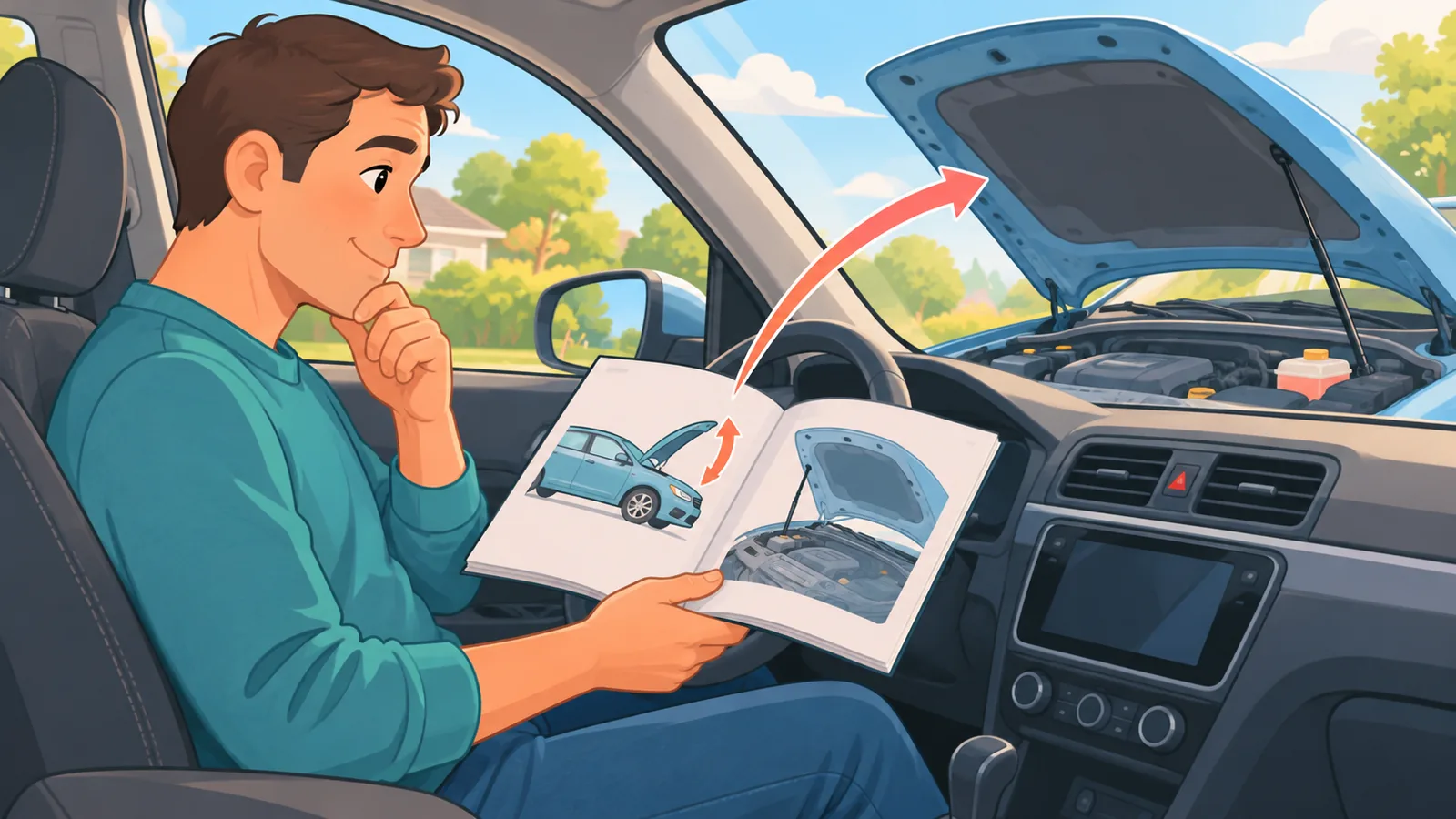Car owner reading the owner’s manual before battery work