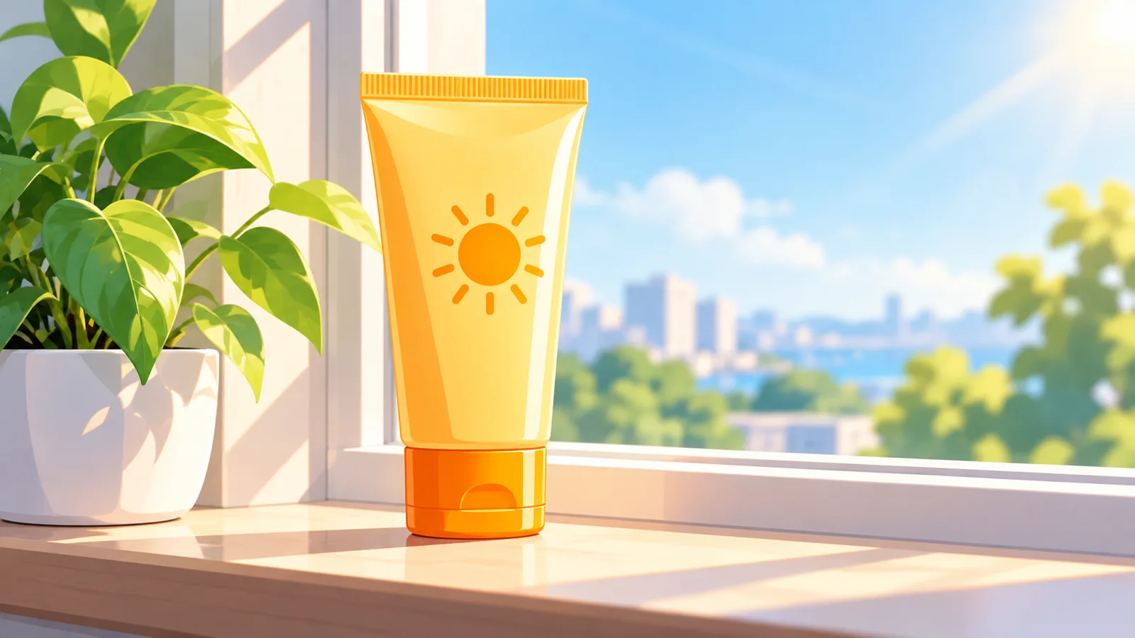 Sunscreen tube on a sunny windowsill