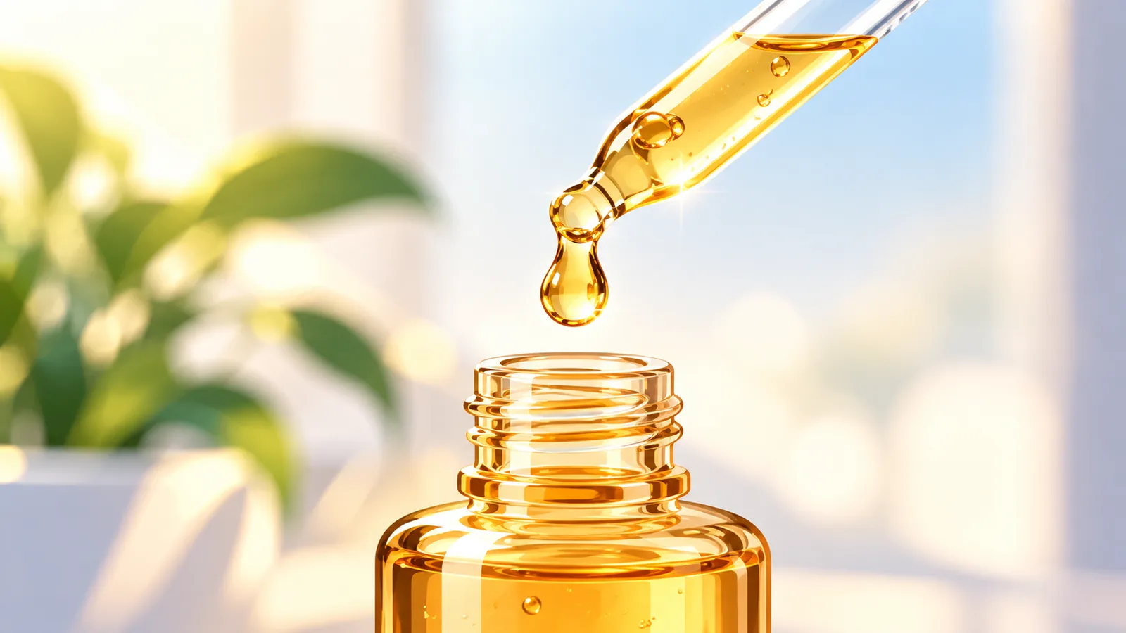 Serum dropper releasing a drop above a bottle
