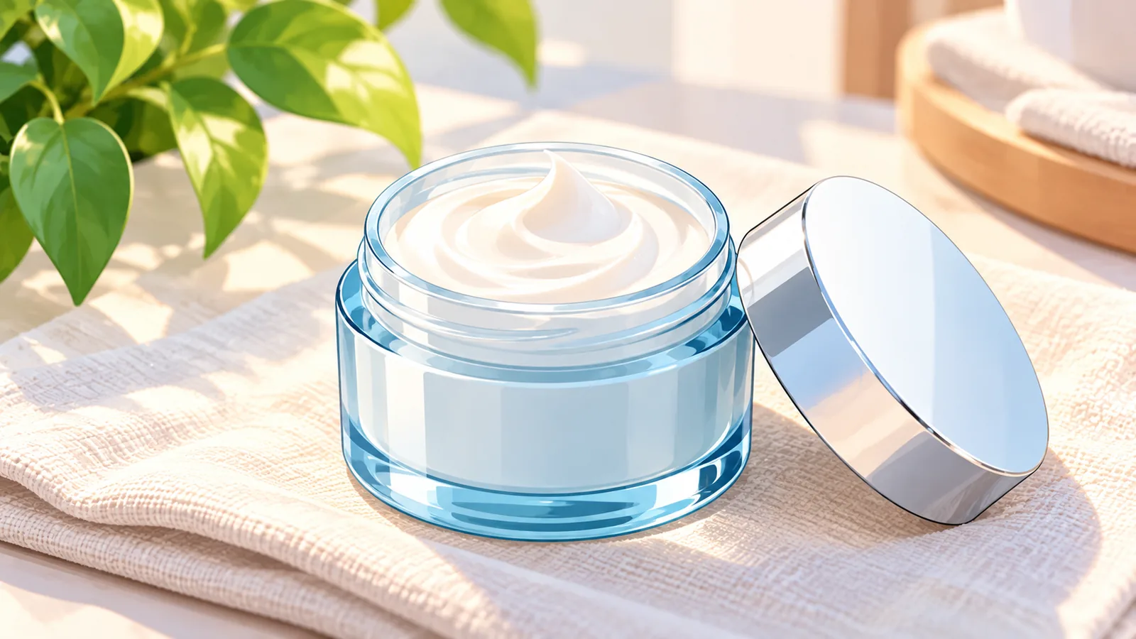 Open jar of moisturizing cream on linen