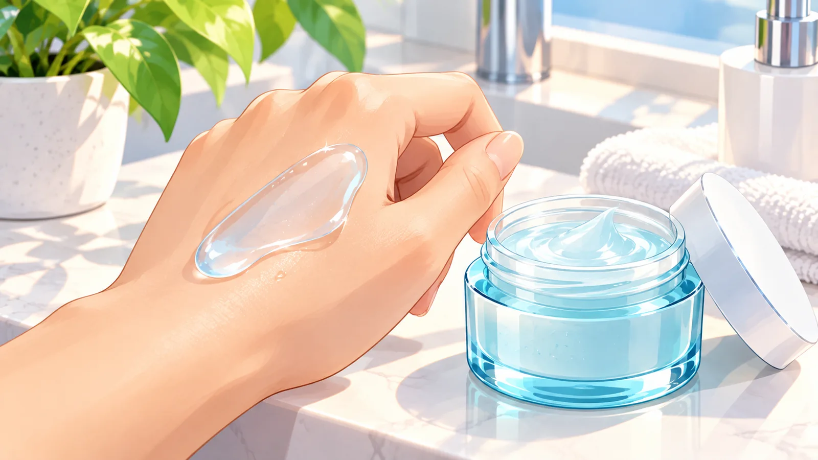 Gel moisturizer swatch on the back of a hand