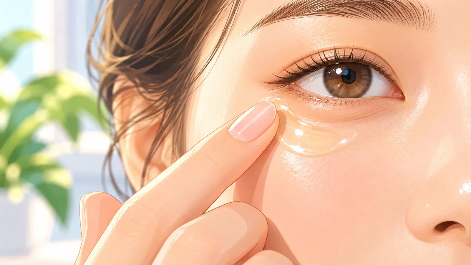 Fingertip applying eye serum under the eye