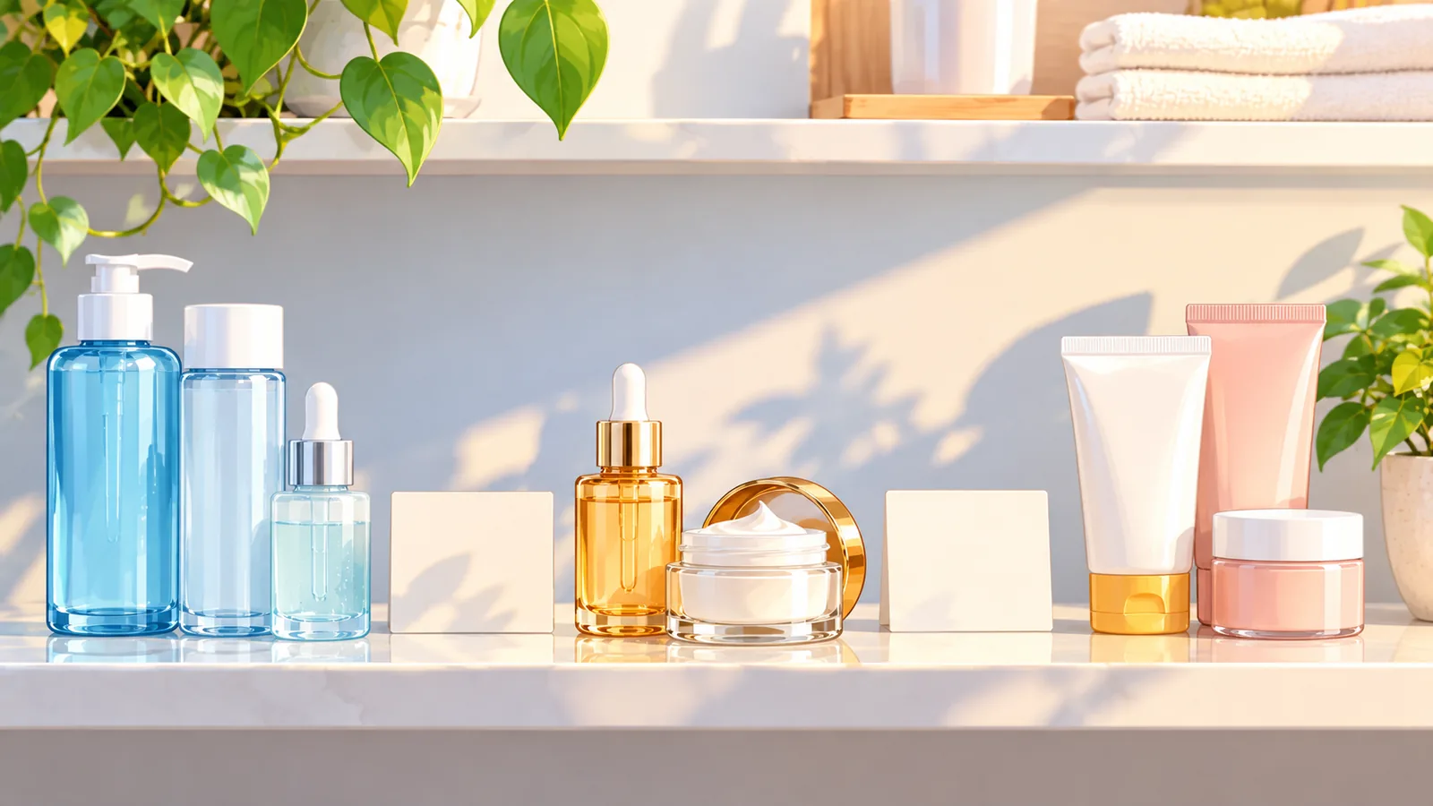 Skincare products grouped by concern on a shelf