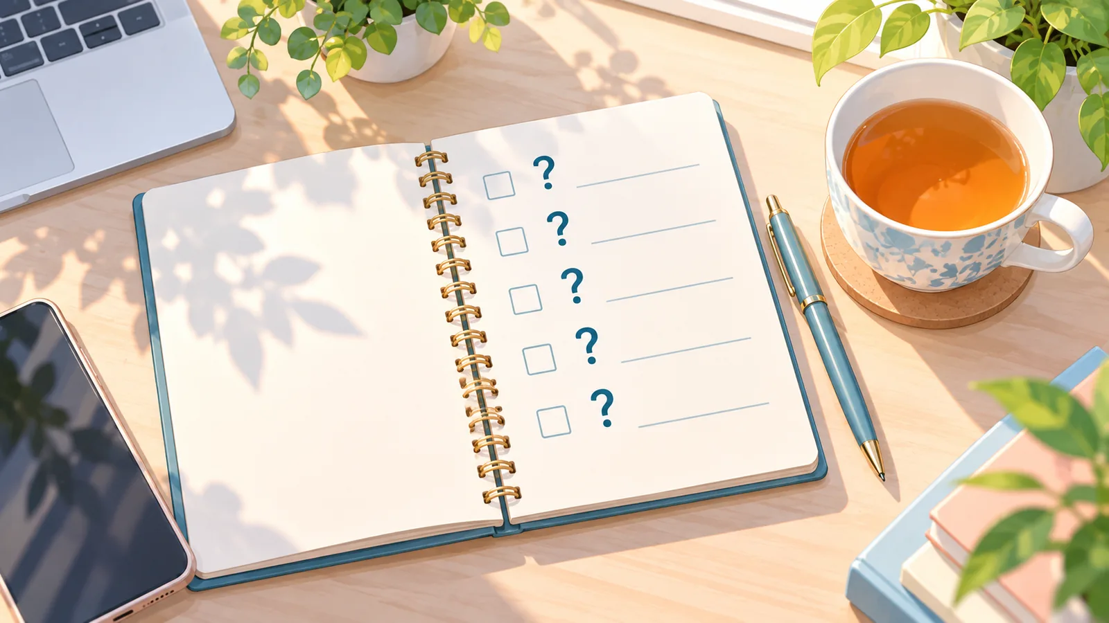 Notebook with questions and a cup of tea