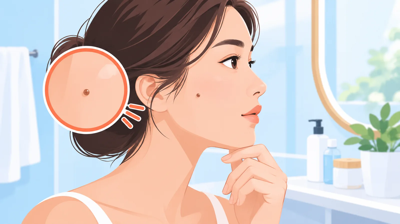Woman in profile with a small beauty mark on her cheek
