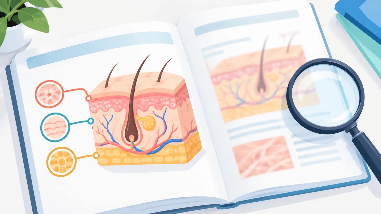Textbook and magnifying glass illustrating how moles form in skin