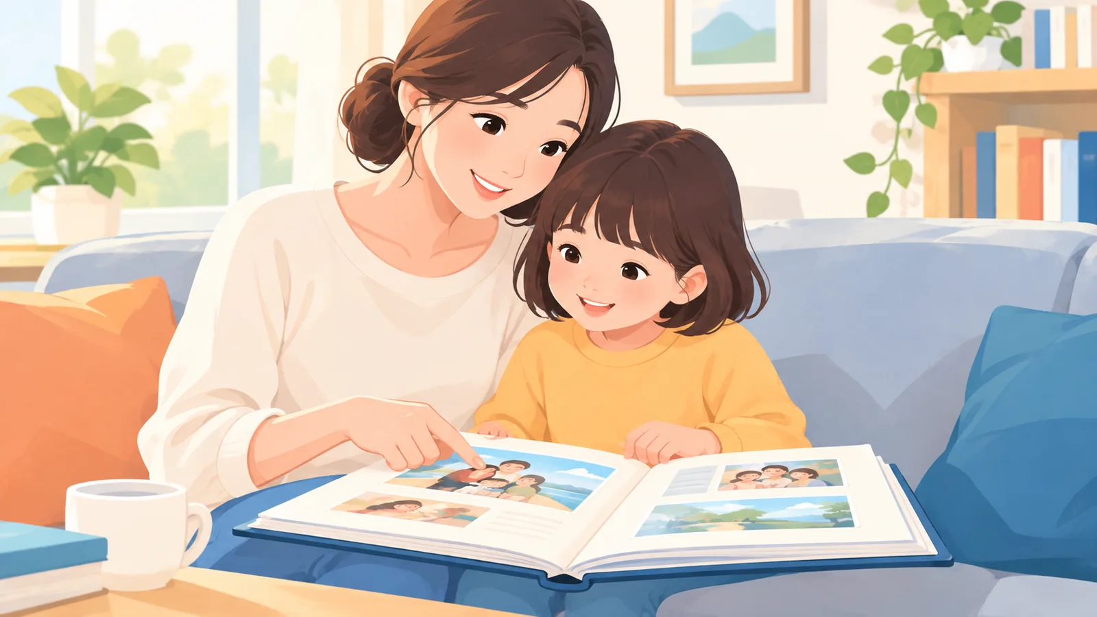 Mother and child looking at a photo album together
