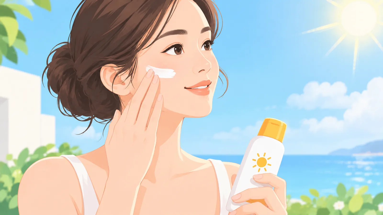 Young woman applying sunscreen to her face outdoors