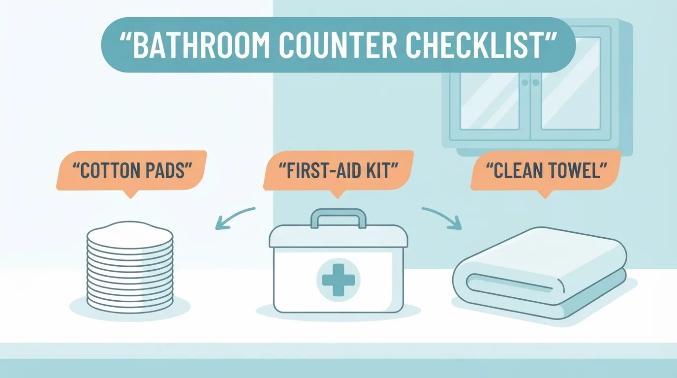 Bathroom counter with first-aid supplies and a closed cabinet