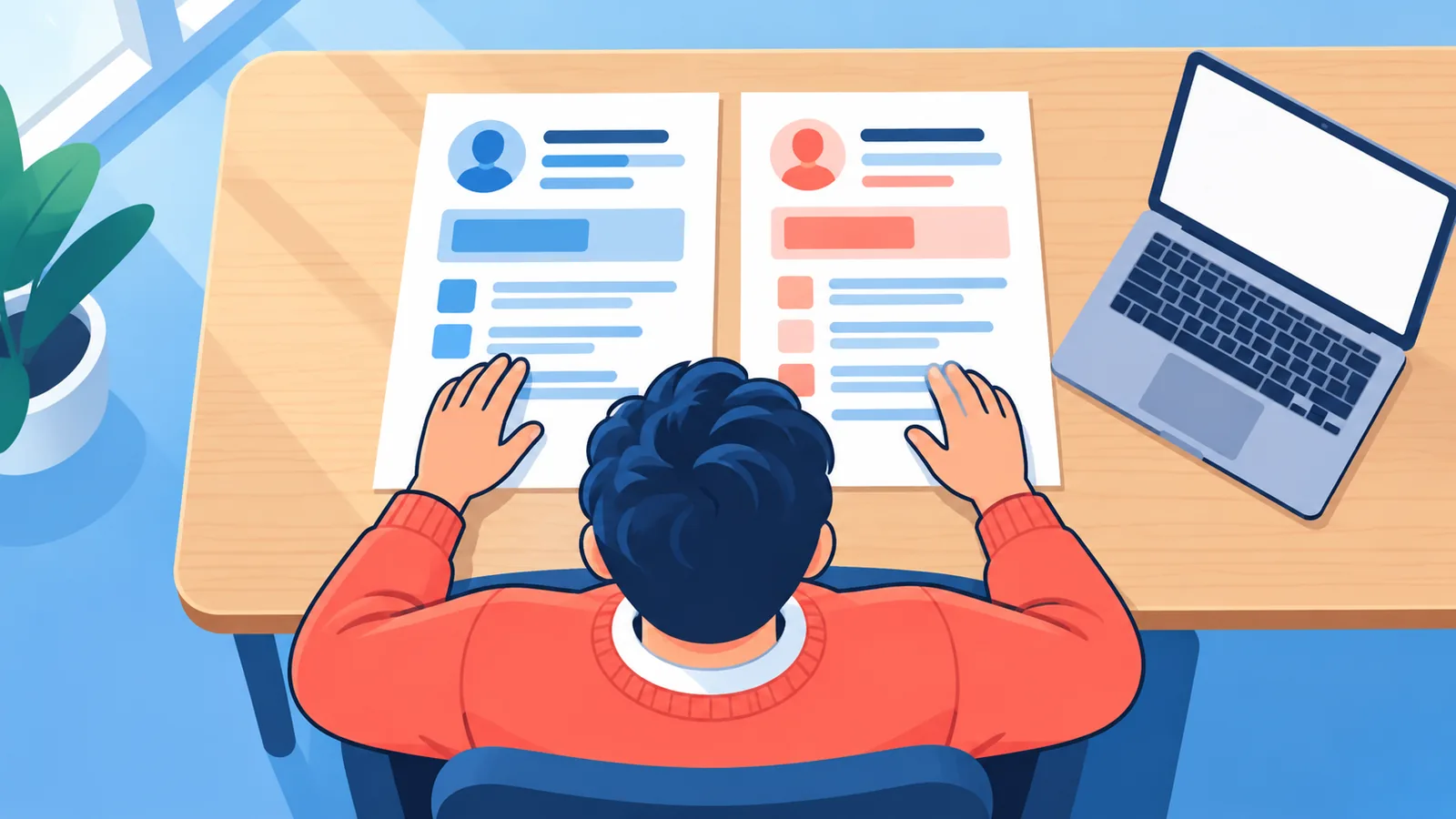 Job seeker comparing two printed resumes beside a laptop