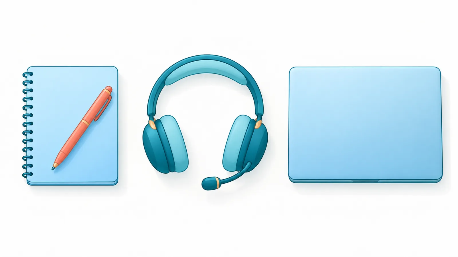 Pen, headset, and laptop representing writer, coach, and builder services