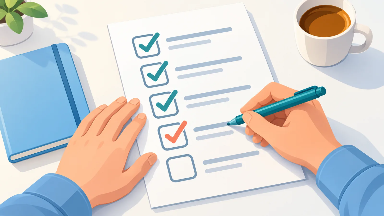Hands checking off a comparison criteria checklist