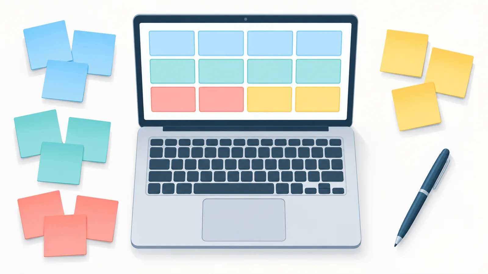Laptop with a blank comparison grid and sticky notes