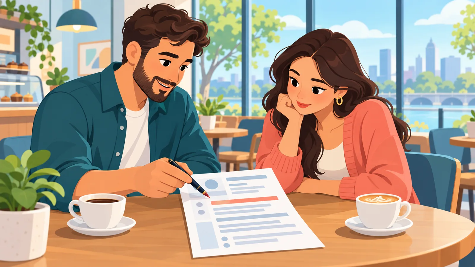 Two people discussing a printed resume in a cafe