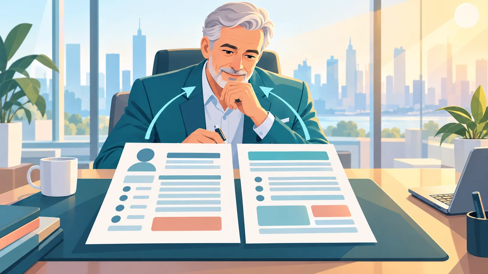 Executive reading a polished two-page resume in an office