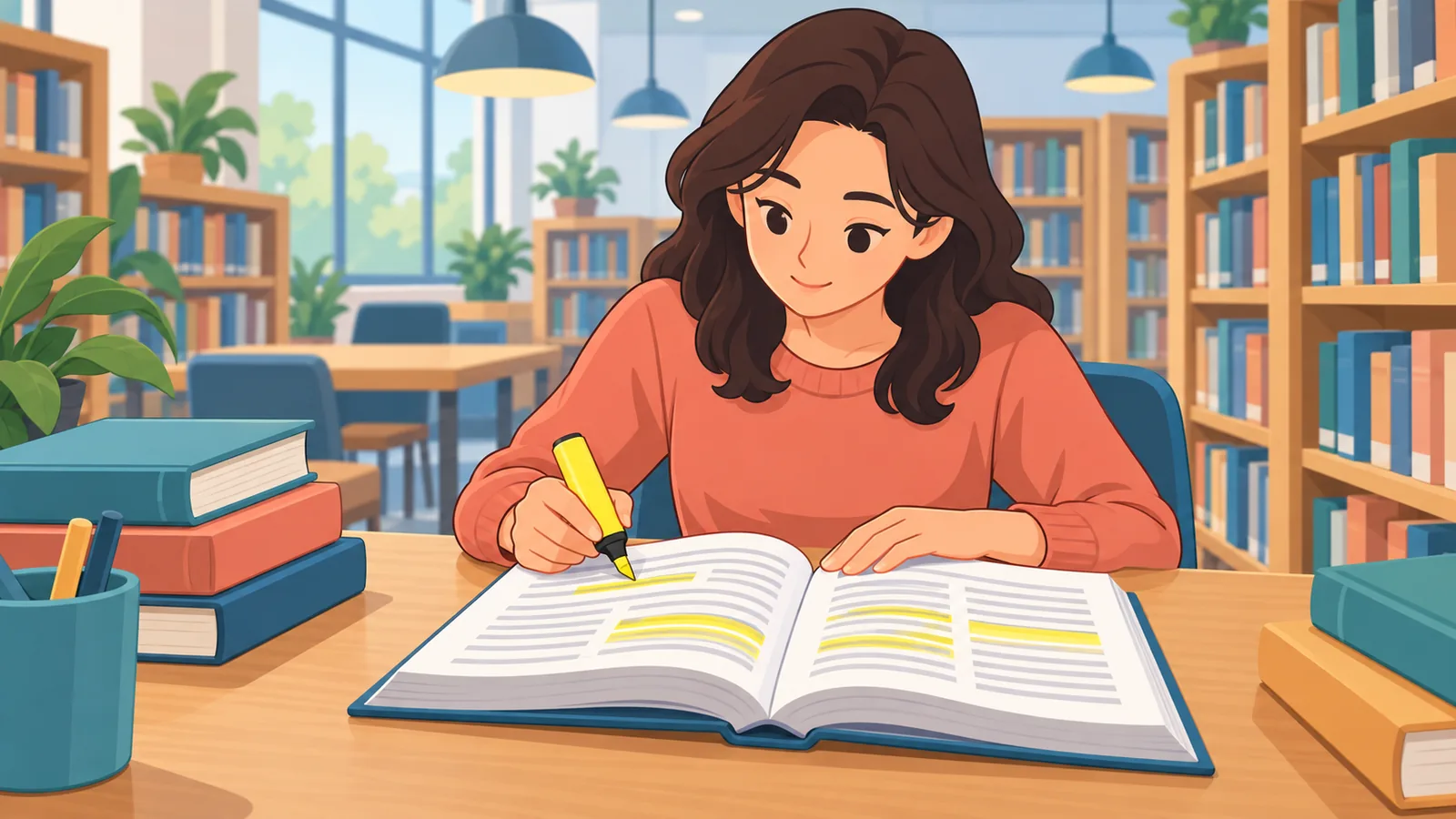Person studying a printed resume guide at a library table