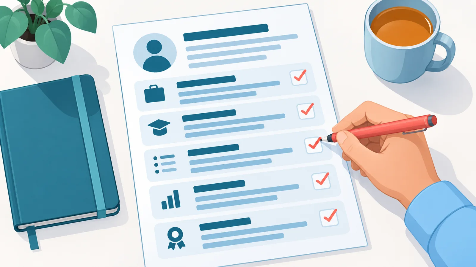 Hand reviewing a printed resume draft with a red pen