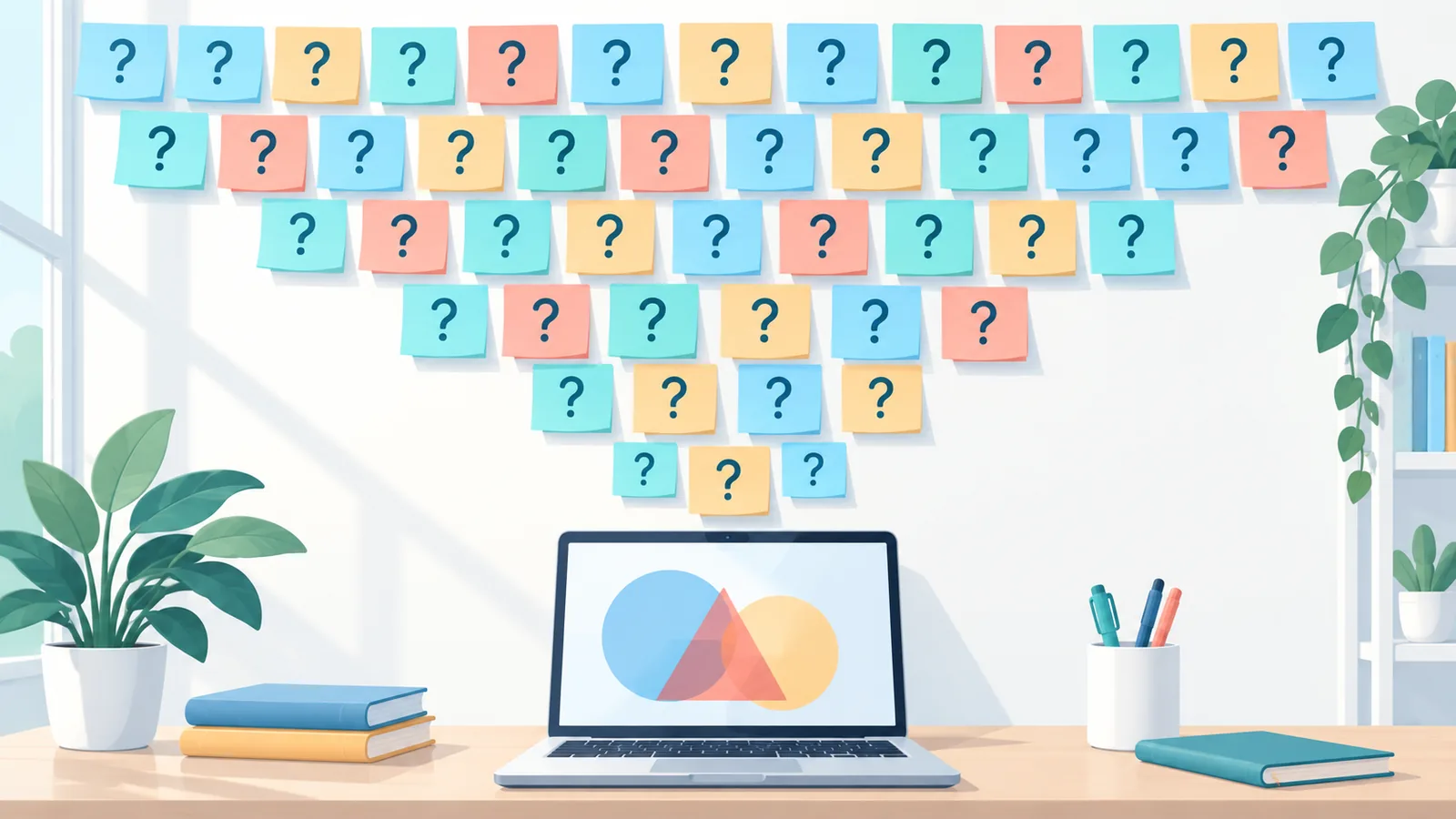 Question-mark sticky notes above a laptop in a bright workspace