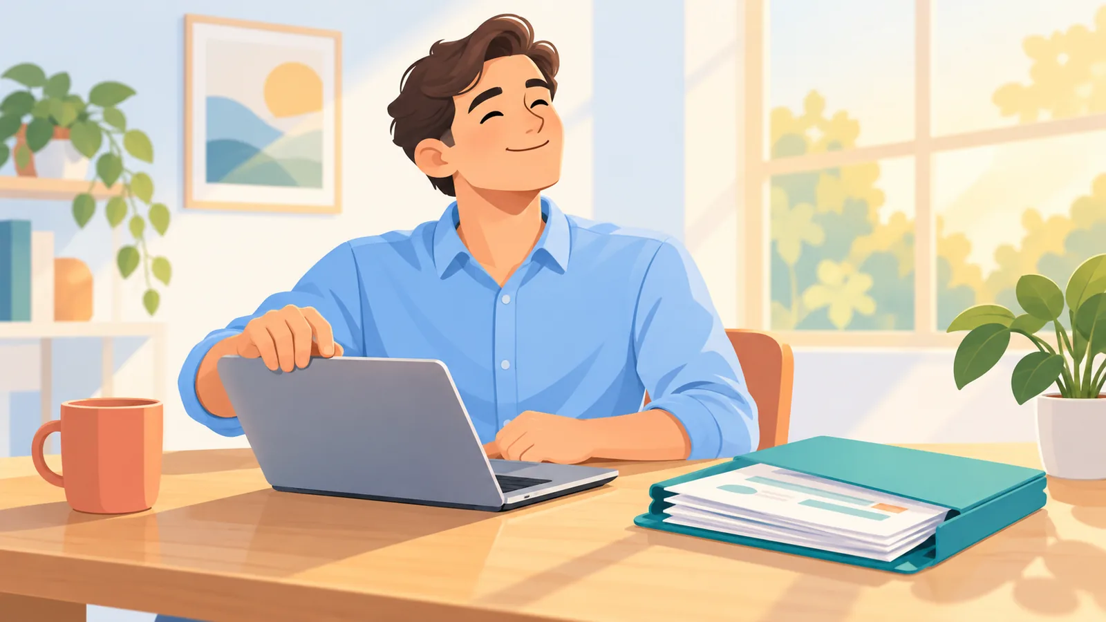Job seeker closing a laptop after choosing a resume service