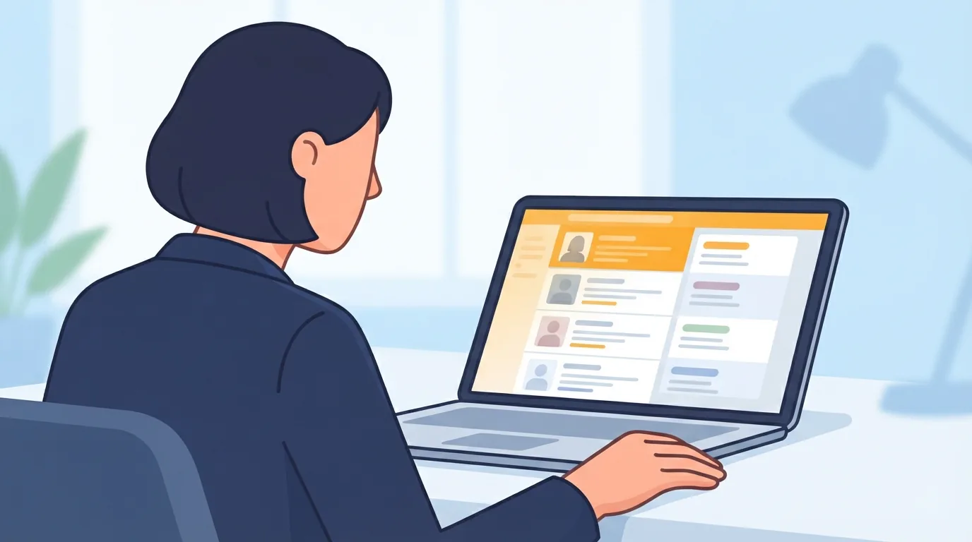 Hiring manager reviewing candidate profiles on a laptop in a bright office