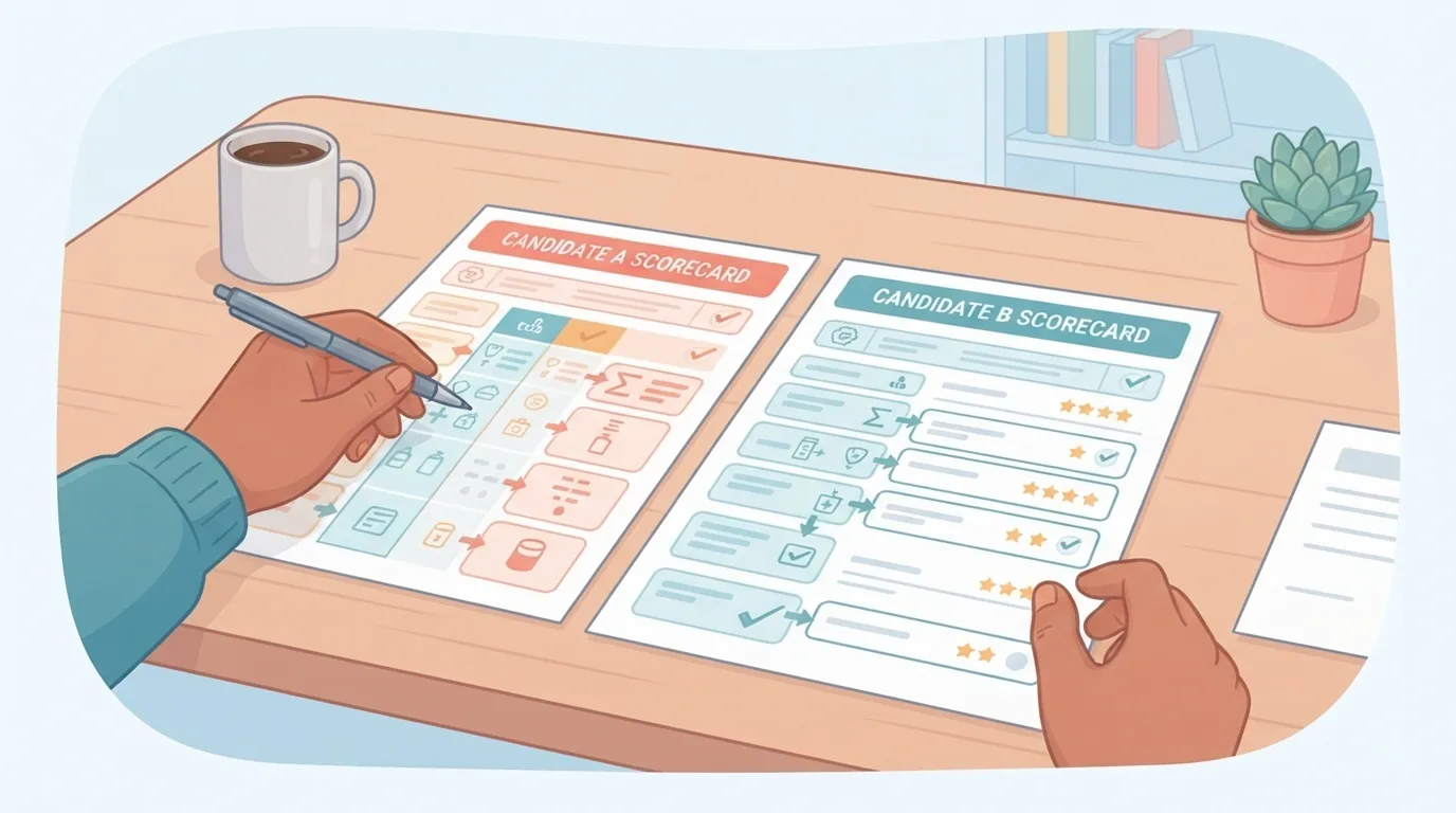 Interviewer comparing candidate notes on a scorecard