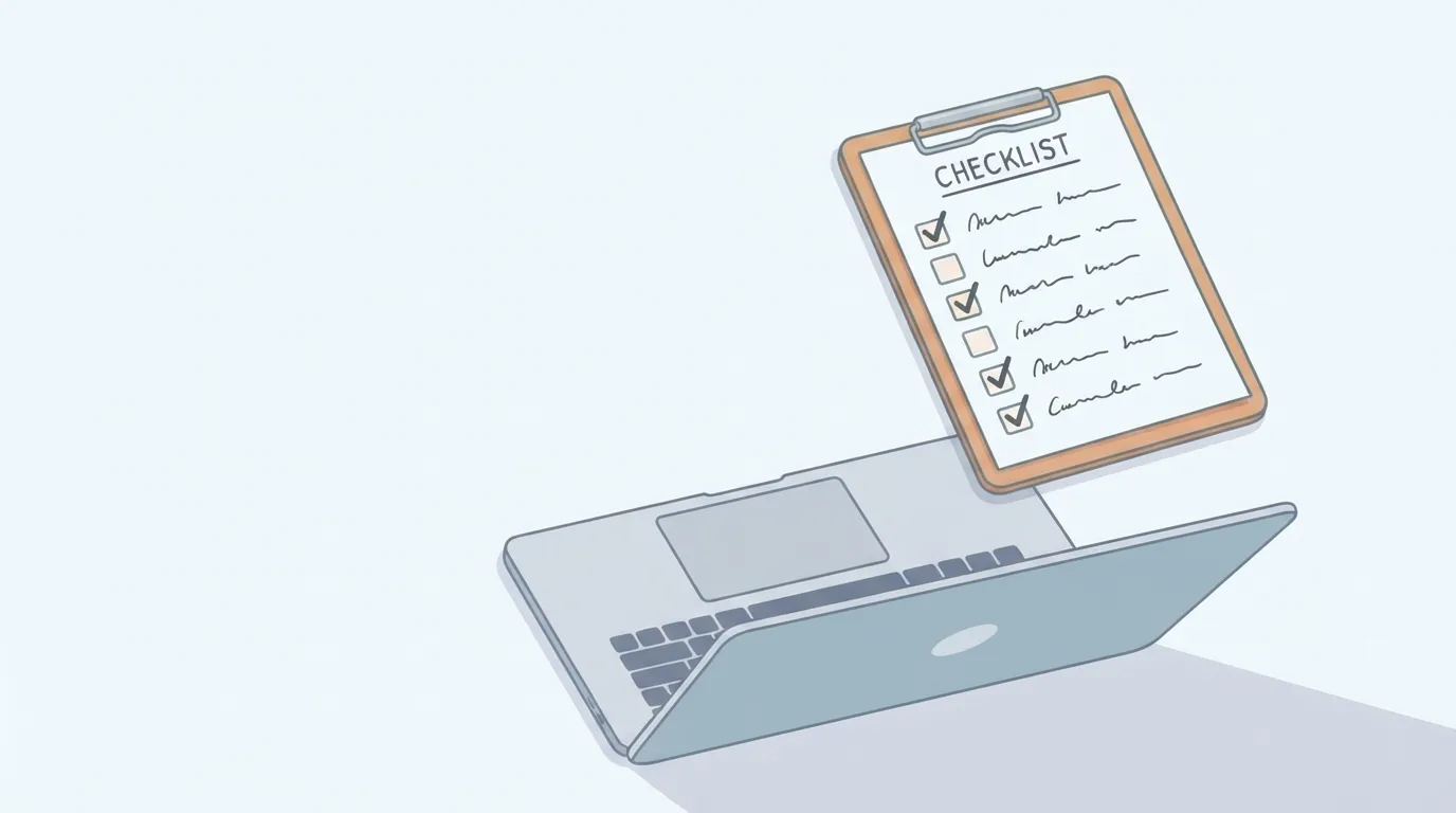 Checklist on a clipboard next to a laptop