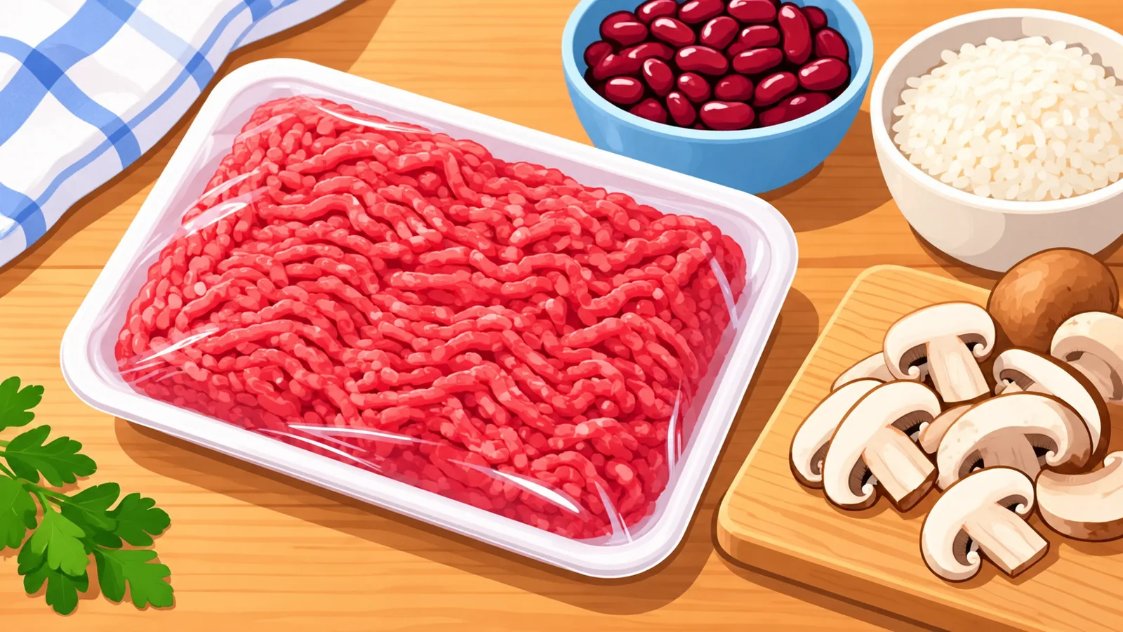 Ground beef package with beans, rice, and mushrooms on a kitchen counter