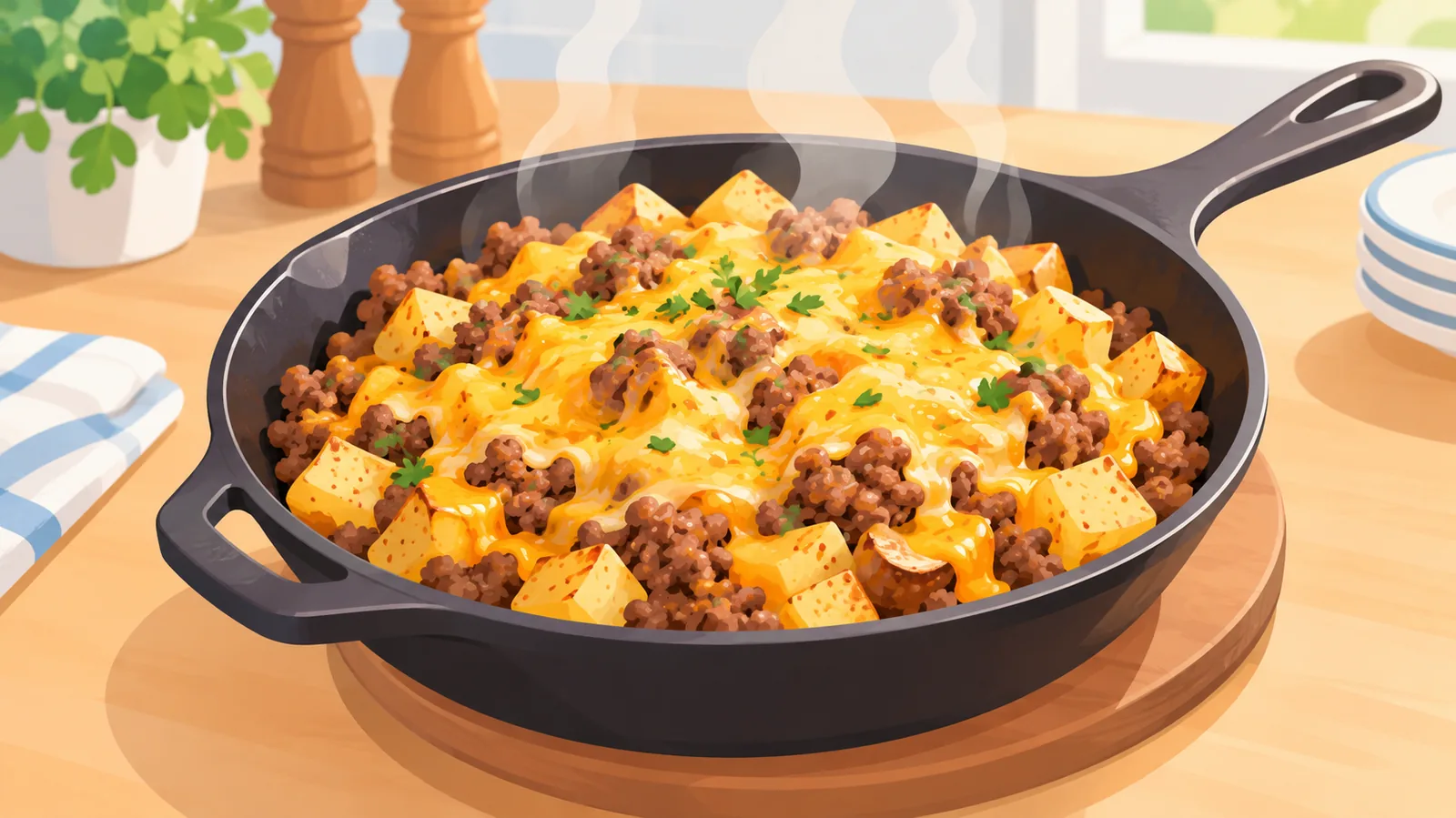Cast-iron skillet with ground beef, potatoes, and melted cheese