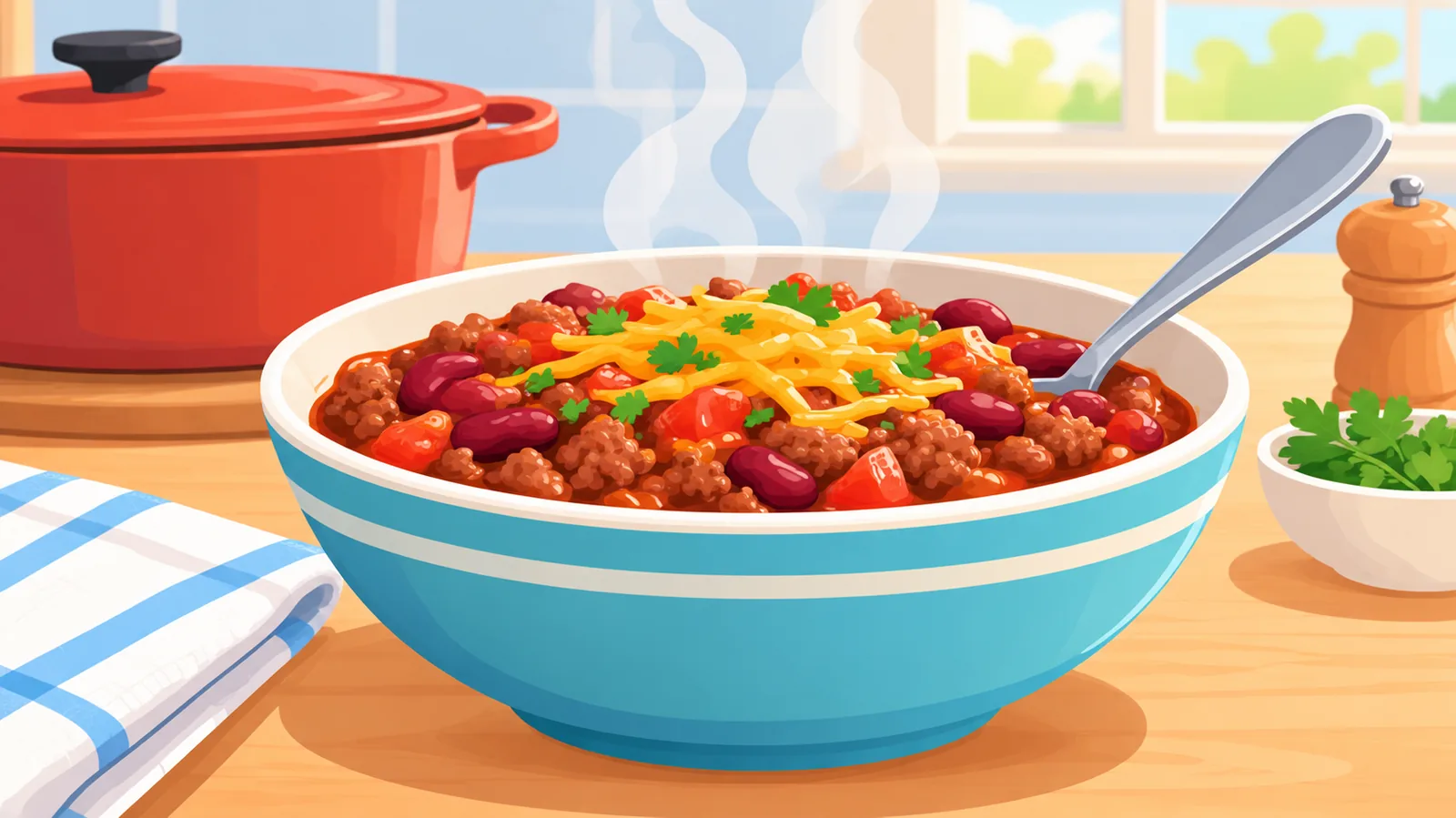 Steaming bowl of ground beef chili