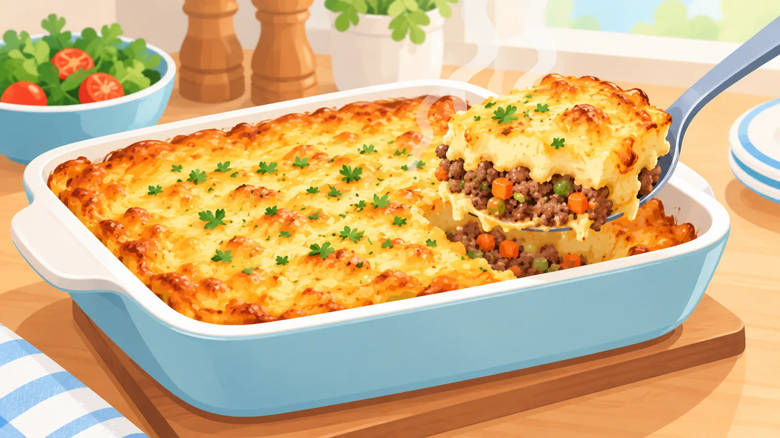 Baked ground beef casserole being served