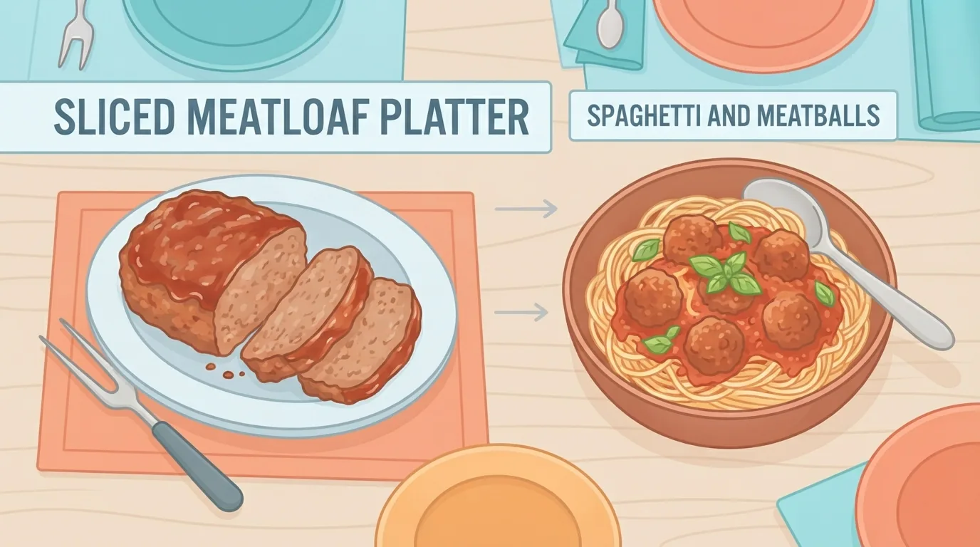 Meatloaf and spaghetti with meatballs on a dinner table