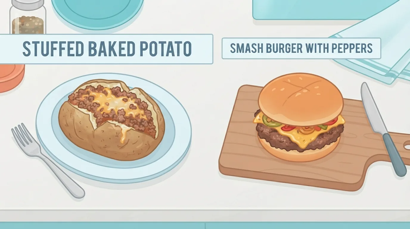 Beef-topped baked potato and a smash burger