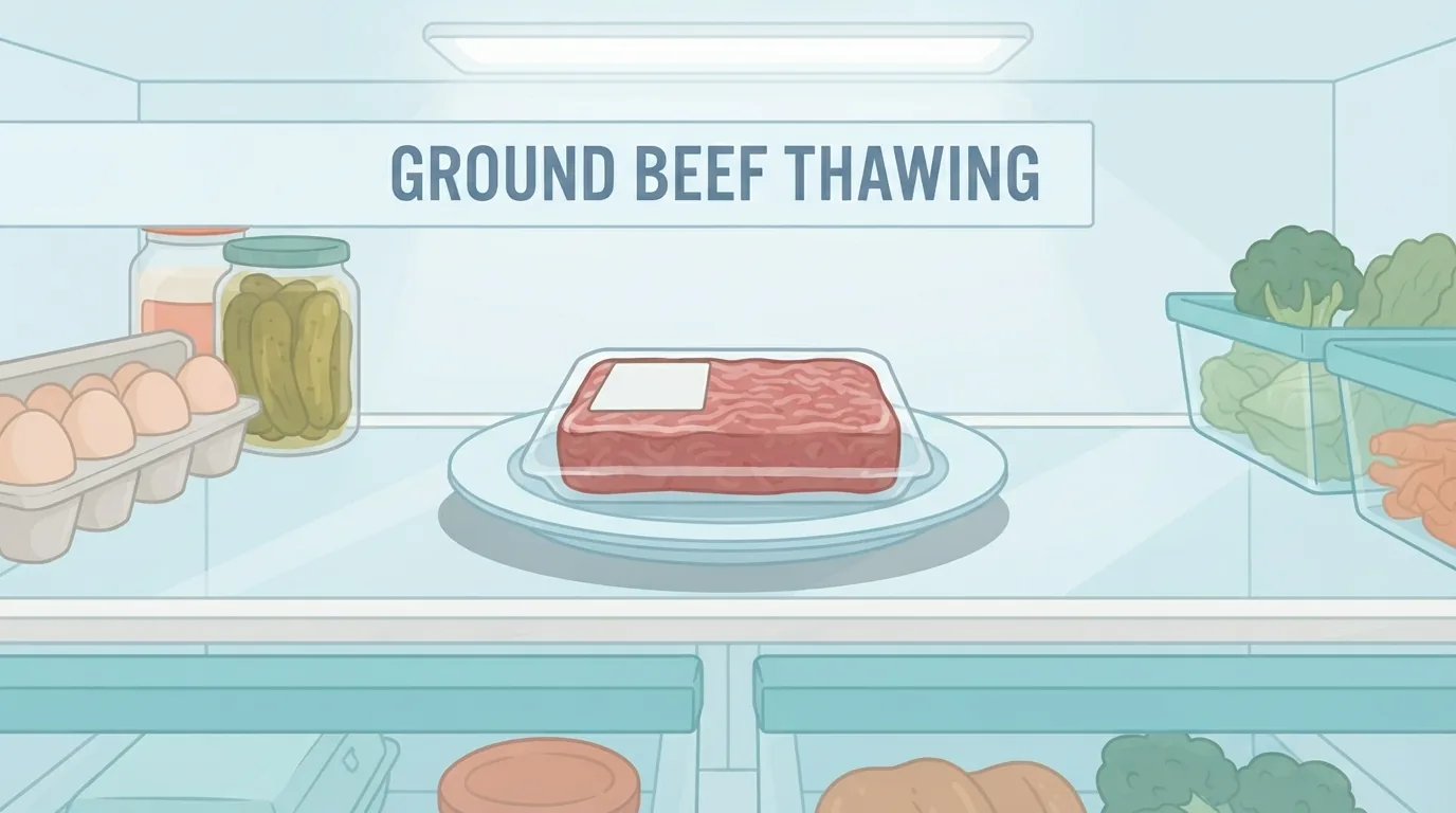 Ground beef thawing in the refrigerator