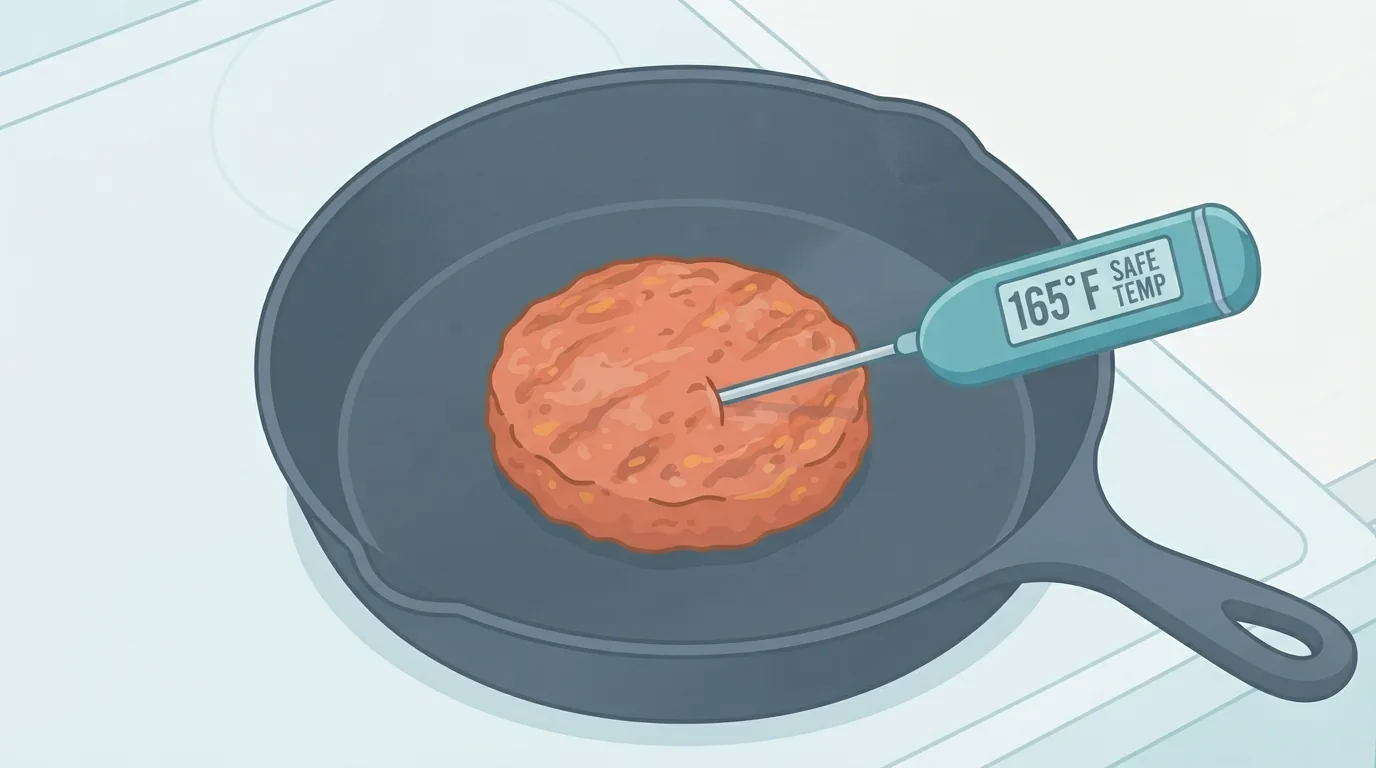 Thermometer probe checking a burger patty