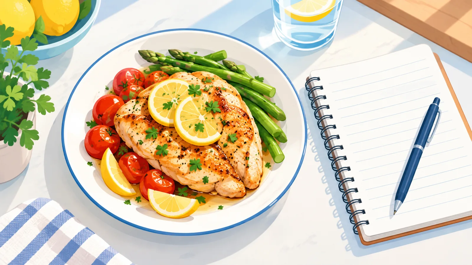 Plated dish beside an open notebook on a kitchen counter