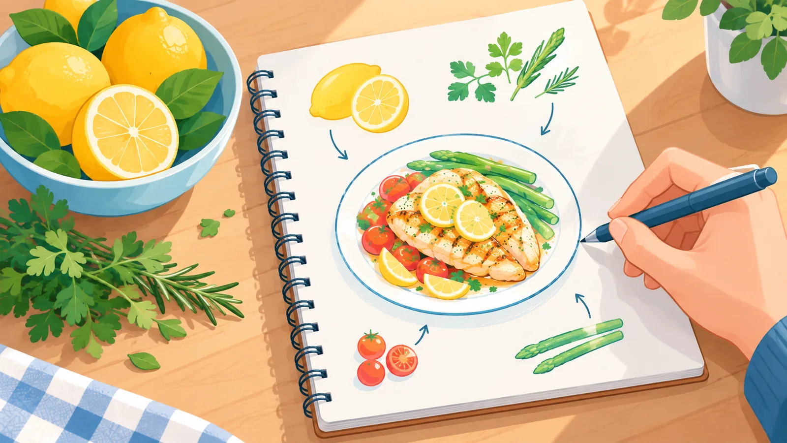 Hand sketching a recipe idea in a notebook