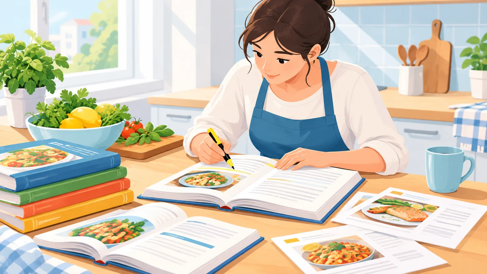Cookbooks and printed recipes being compared on a counter
