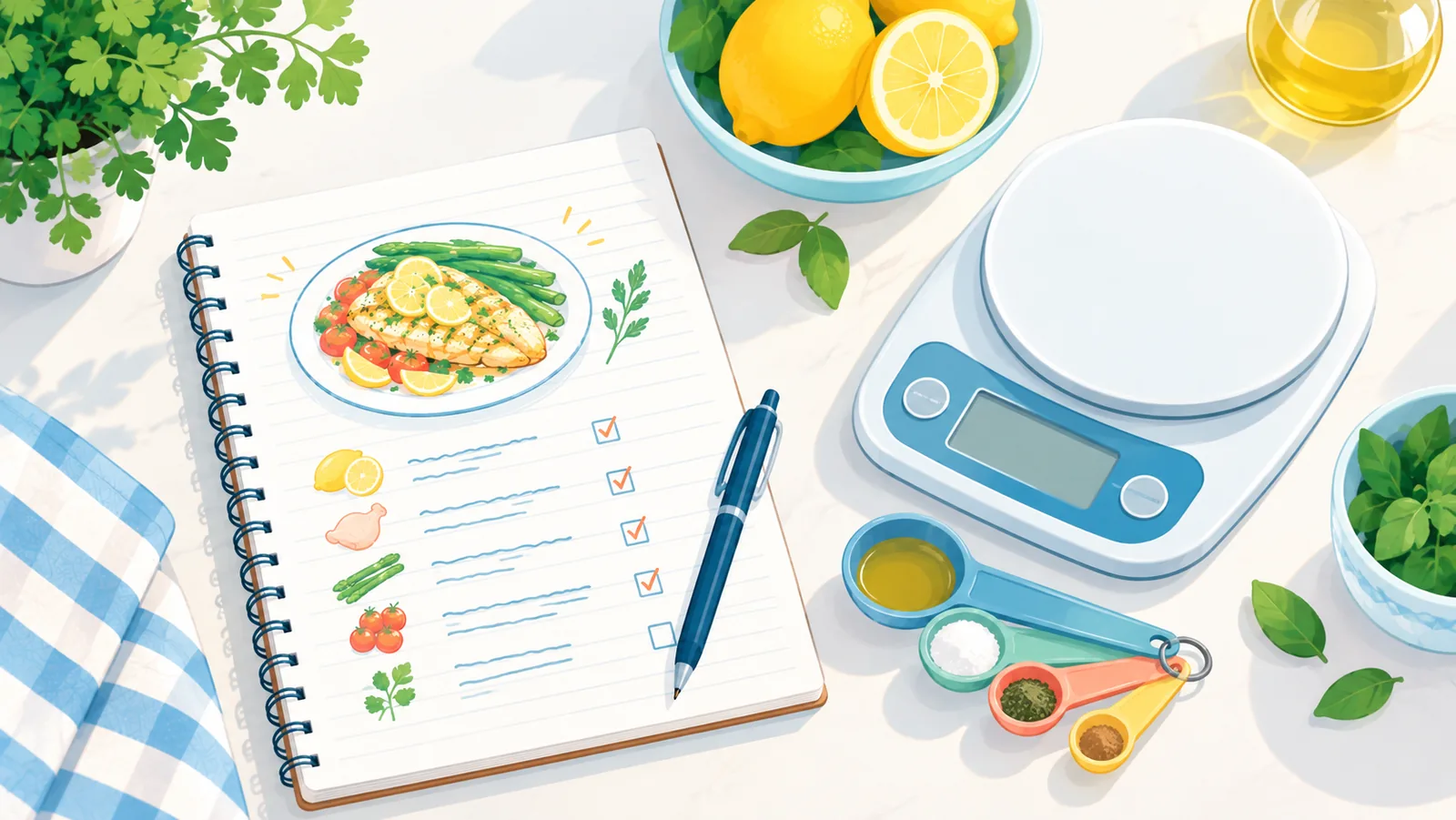 Handwritten recipe draft next to a kitchen scale