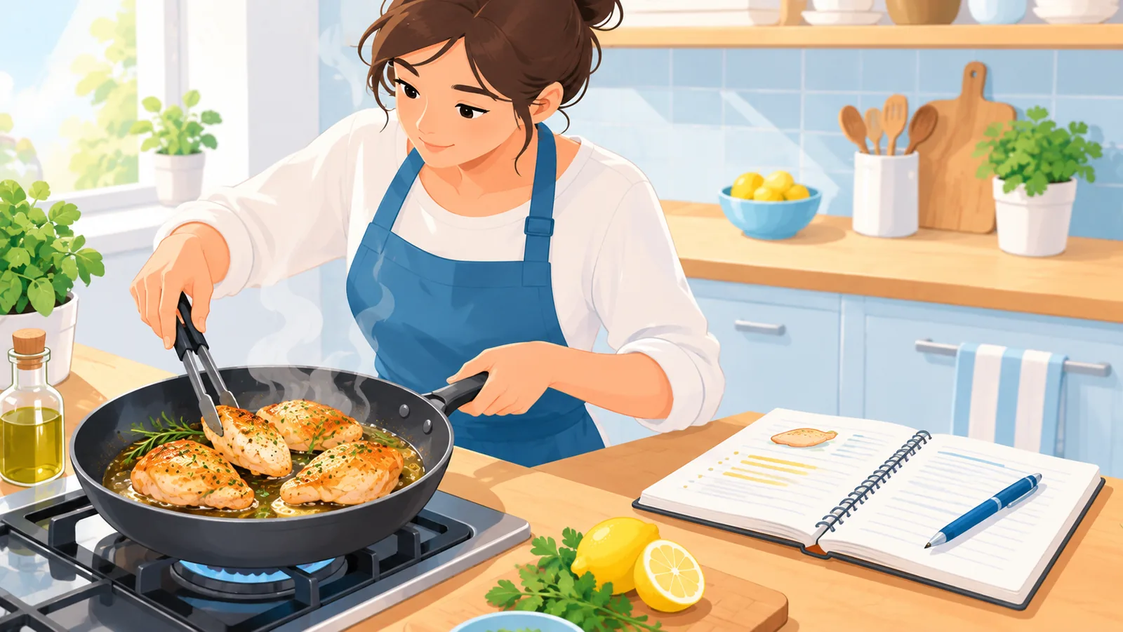 Cook testing a dish while taking notes