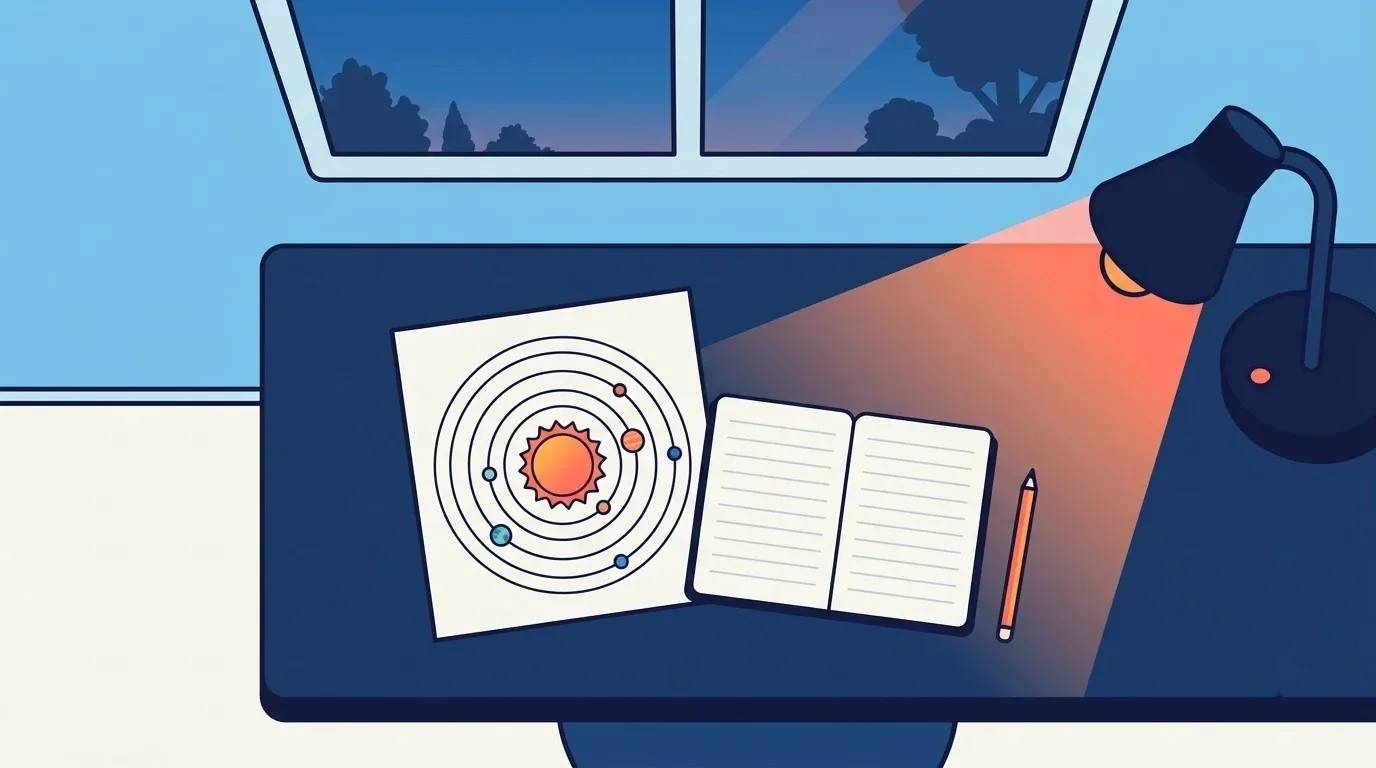 Desk with a solar system diagram and notebook at dusk