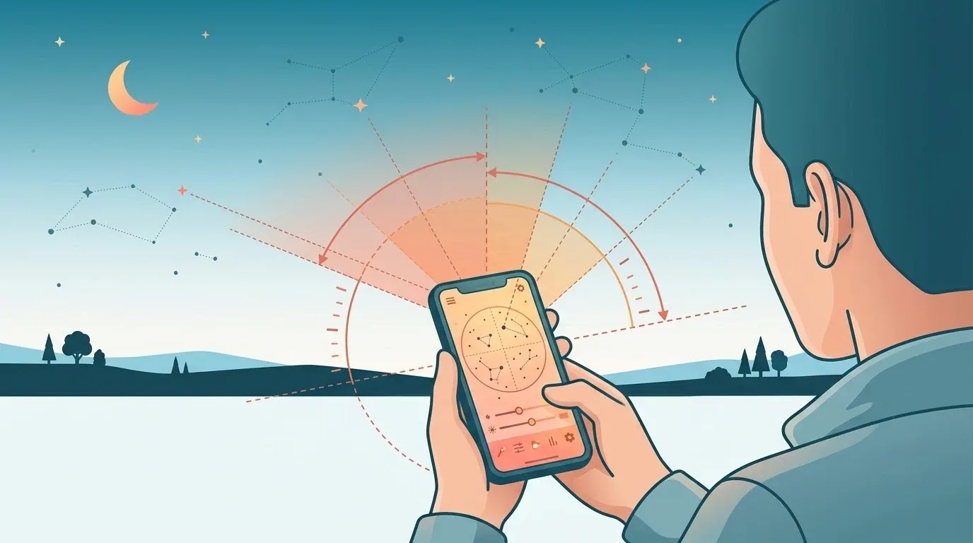 Person using a star-map app outdoors at twilight