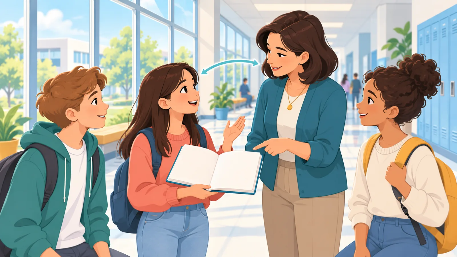 Students asking a teacher questions in a school corridor