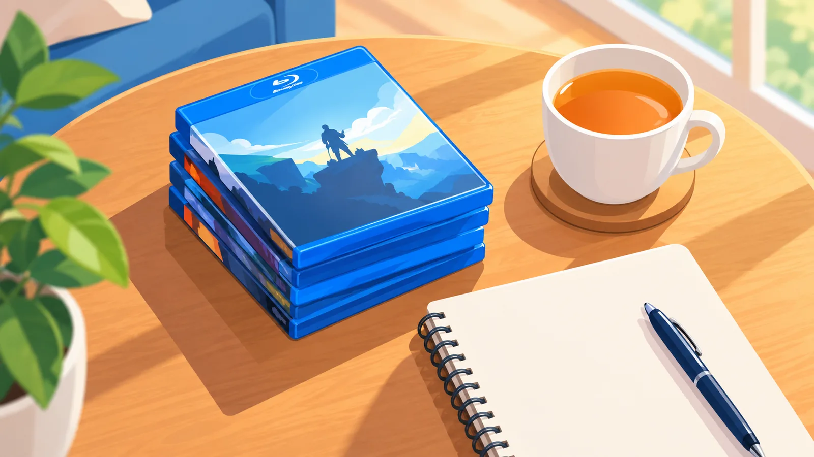 Notebook and stack of movie cases on a coffee table