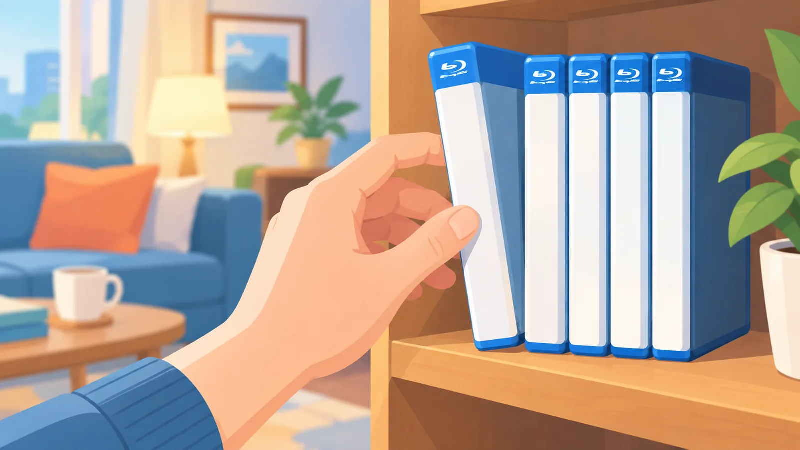 Hand choosing a movie case from a shelf