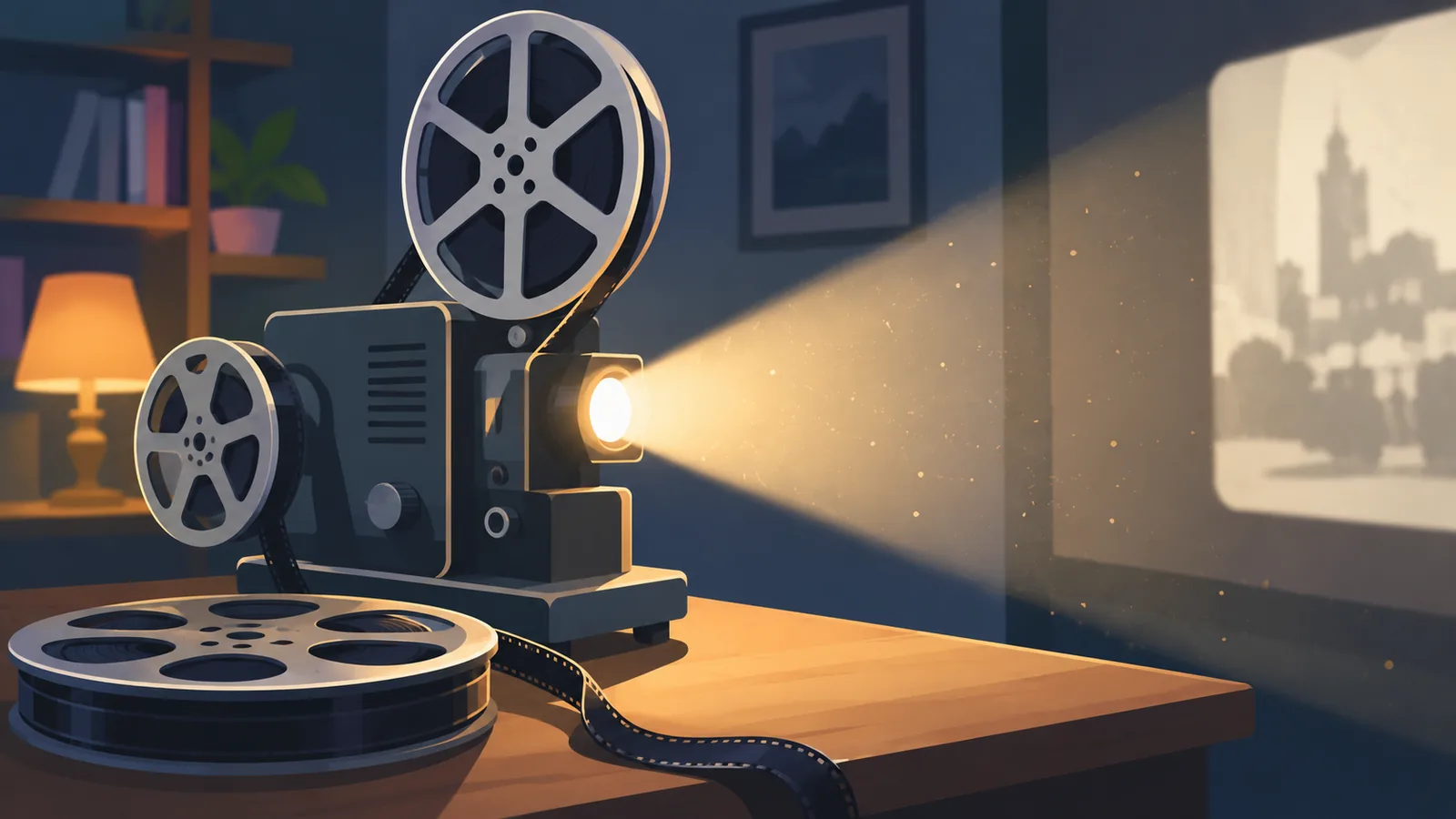 Vintage film projector with a beam of light