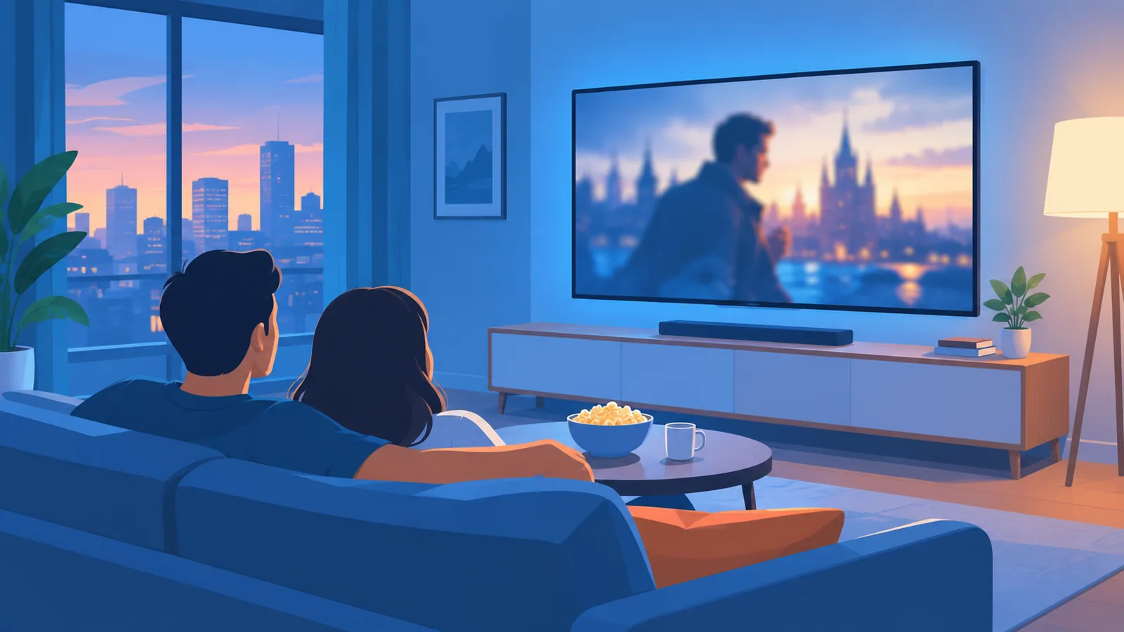 Couple watching a modern drama on a large TV