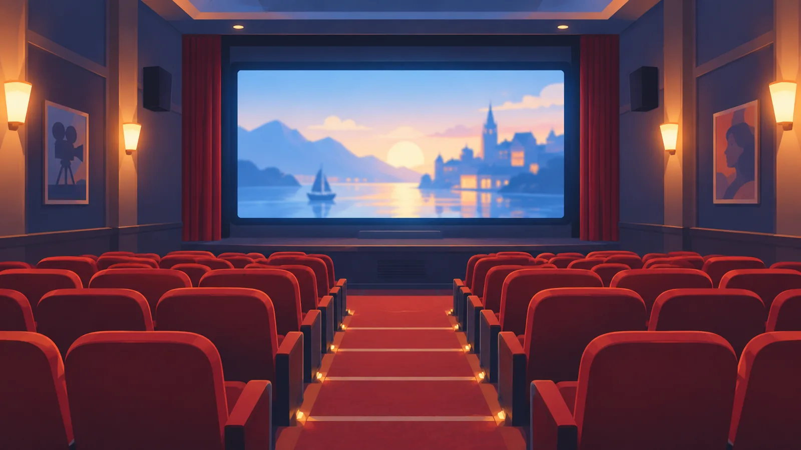 Empty arthouse cinema with red velvet seats