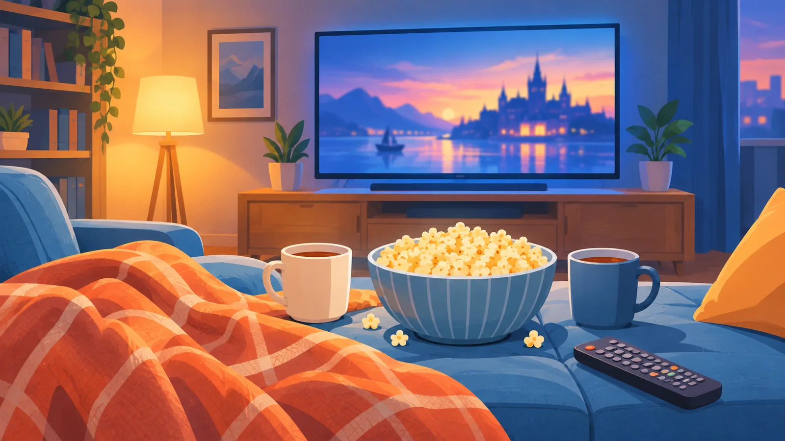 Cozy movie night setup on a sofa