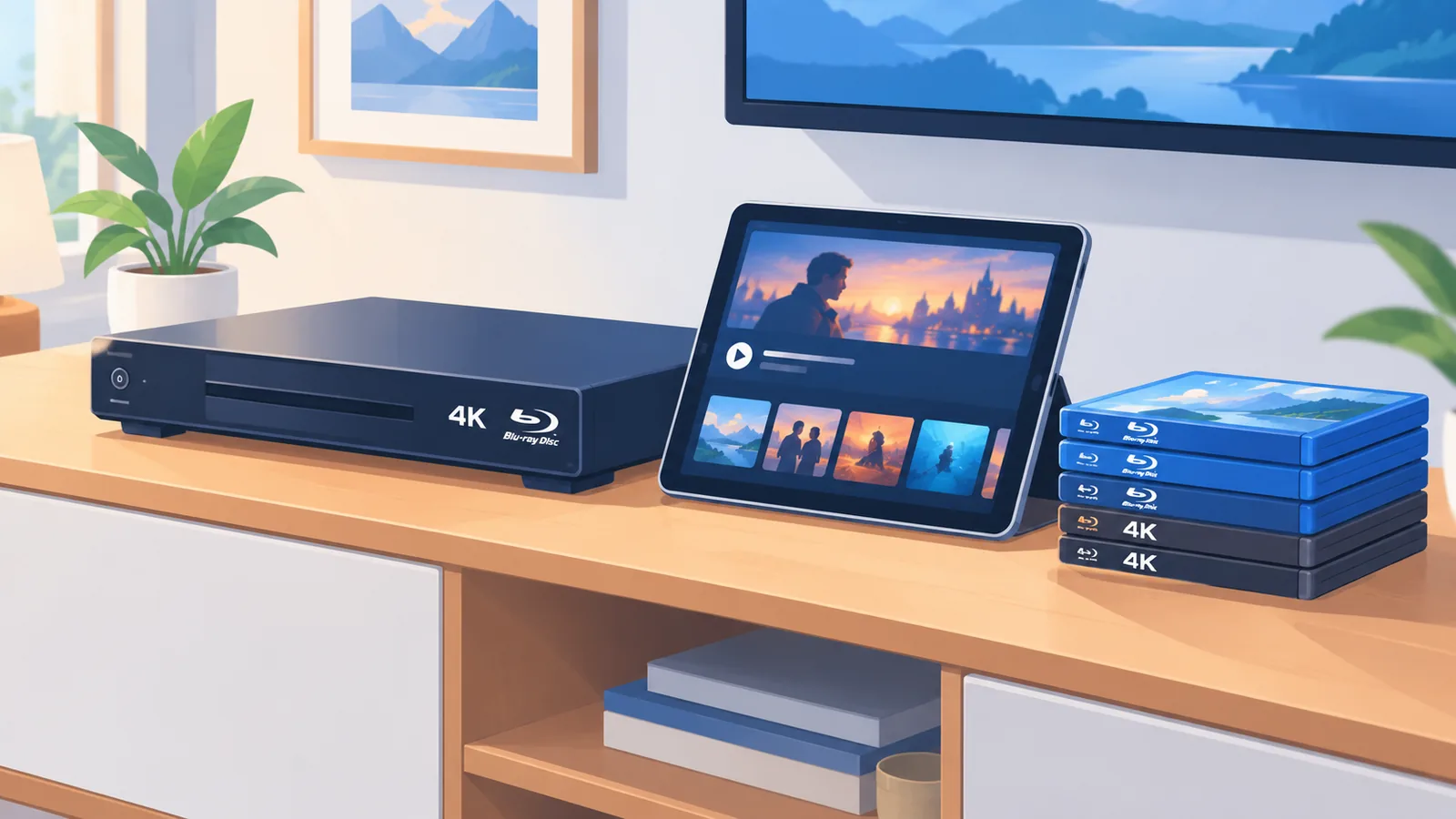 Blu-ray player, tablet, and discs on a media console